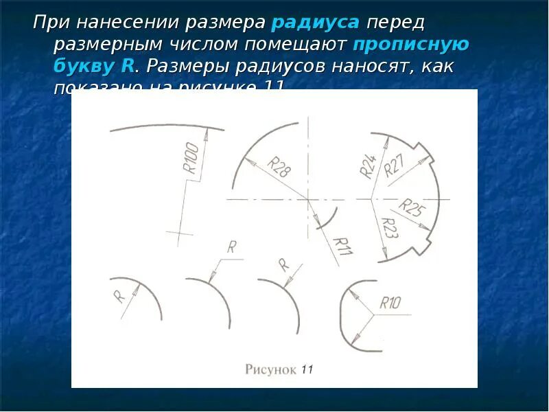 Радиус на чертеже. Нанесение радиуса на чертеже. Нанесение размеров радиуса на чертежах. Простановка радиусов на чертеже. Размер радиуса на чертеже.