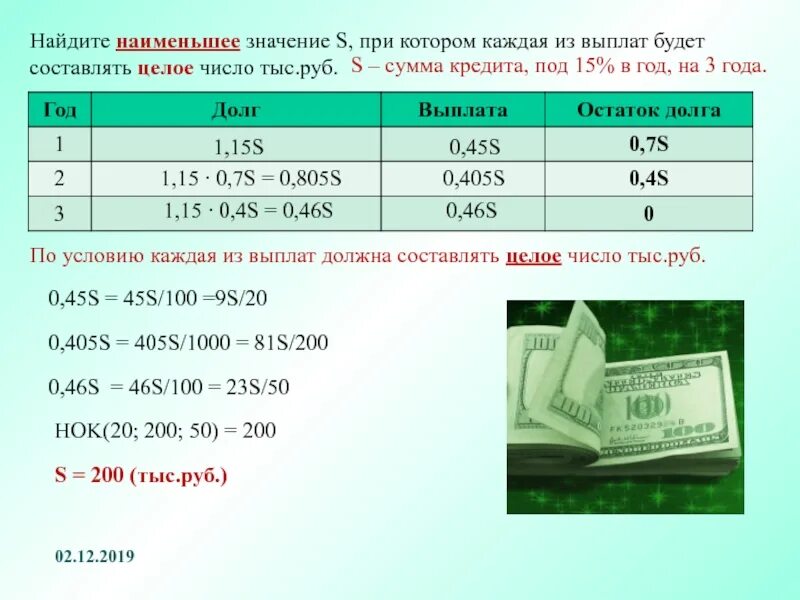 Что значит сумма кредита. Найдите наименьшее значение s при котором каждая из выплат. Задачи с экономическим содержанием. Целое значение это. Целое число рублей.