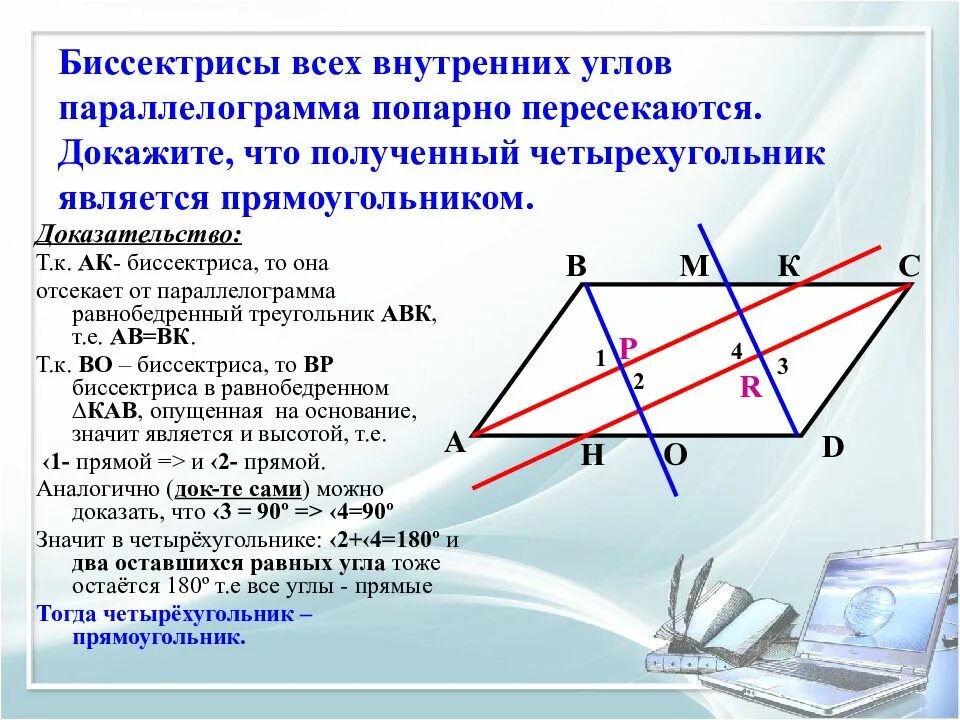 Биссектриса проведенная из вершины параллелограмма. Свойство 2 биссектрисы параллелограмма. Свойство биссектрисы угла параллелограмма. Бессиктрисапараллелограмма. Биссектрисы параллелограмма пересекаются.