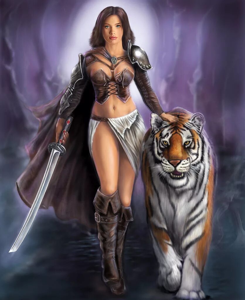 Элли Чиджли воительница. Амазонка женщина с тигром. Девушка воин.