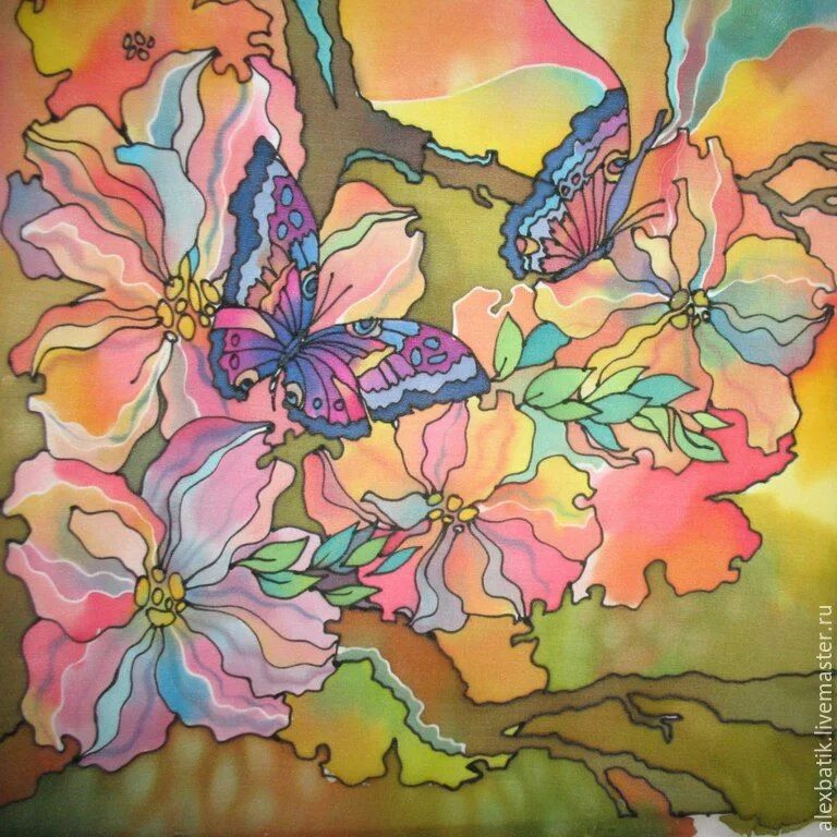 Изображение изделий выполненных в технике батика. Батик. Батик панно. Батик цветы. Холодный батик цветы.