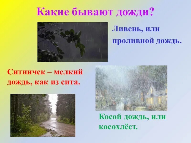 Какие бывают дожди. Описание дождя. Ливень косохлест ситничек. Название дождей.