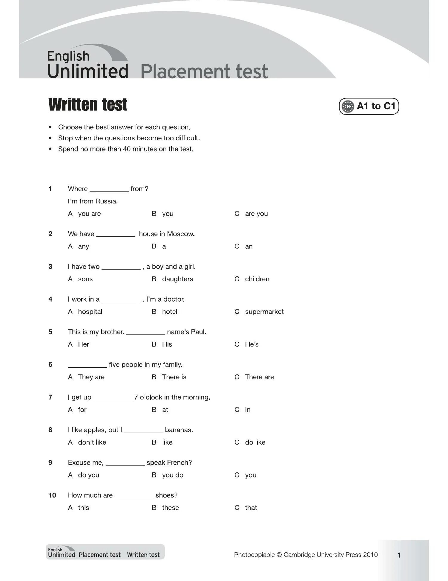 Test 1 pdf. Level Test 1a Elementary ответы. Тест English Placement Test. Tests Level 1-a ответы. Placement Test a1 c1 ответы.