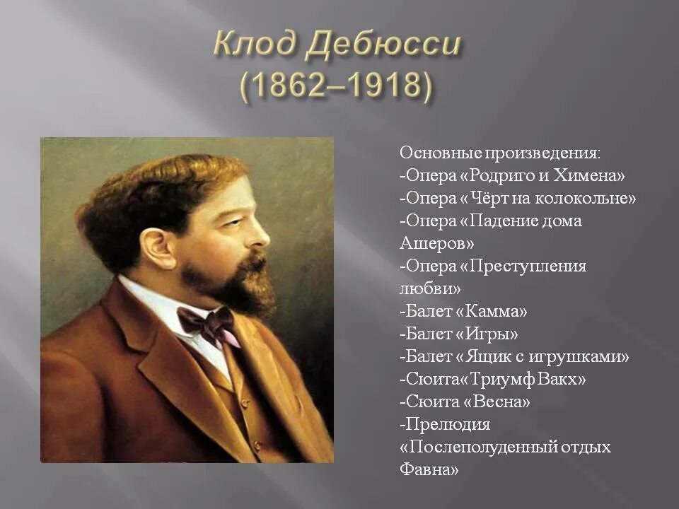 10 музыкальных произведения. Творчество композитора Клода Дебюсси.