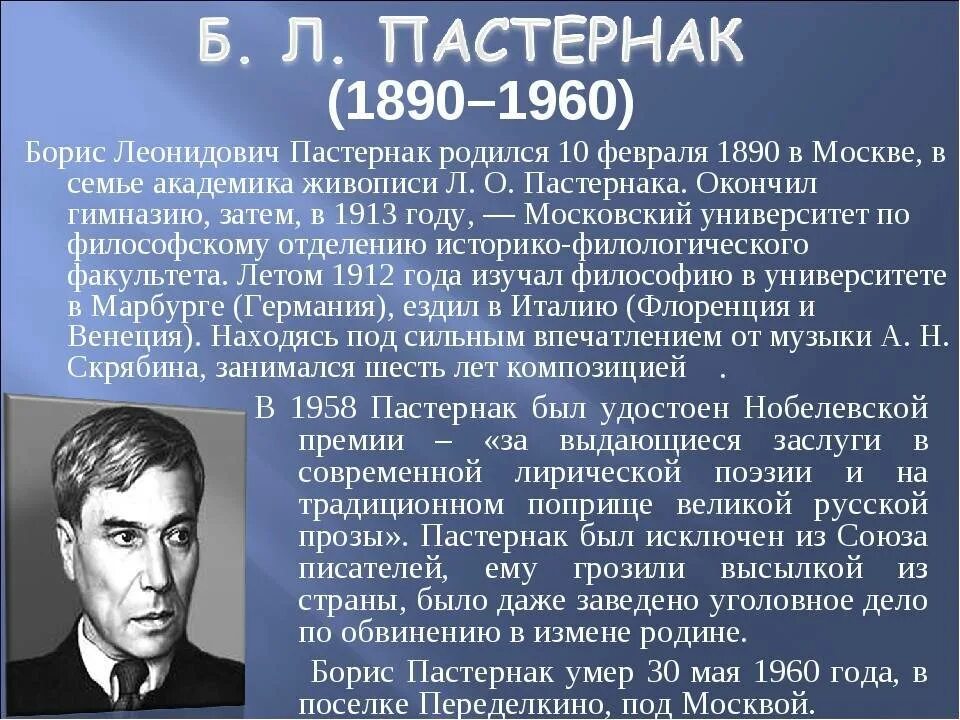 Рассказ о творчестве писателей. Биография б л Пастернака. Краткая биография Пастернака.