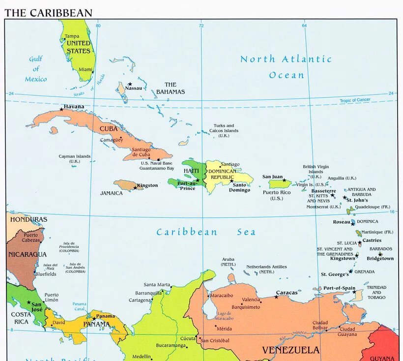 Карибский регион на карте. Государства Вест Индии на карте. Политическая карта Вест Индии. Страны Карибского бассейна политическая карта со столицам.