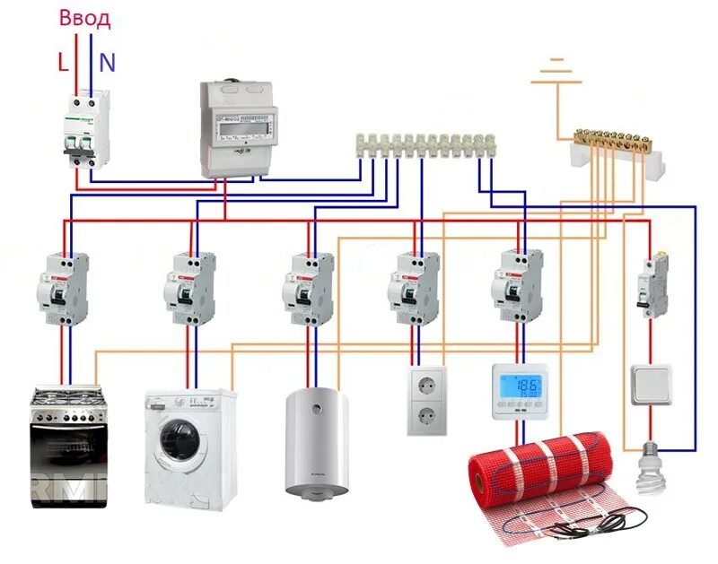 Номинал вводного автомата. Схема автоматов в электрощитке в квартире. Схема подключения электрощитка с реле напряжения и УЗО В квартире. Схема подключения электрического пола УЗО. Схема электропроводки к теплому полу.