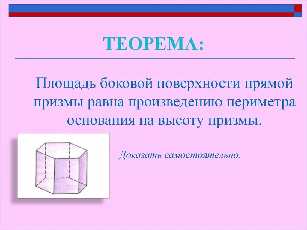 Произведение периметра основания. Геометрия 10 класс понятие многогранника Призма. Площадь боковой поверхности прямой Призмы. Доказательство теоремы о площади боковой поверхности прямой Призмы. 2. Площадь боковой поверхности прямой Призмы (доказательство).