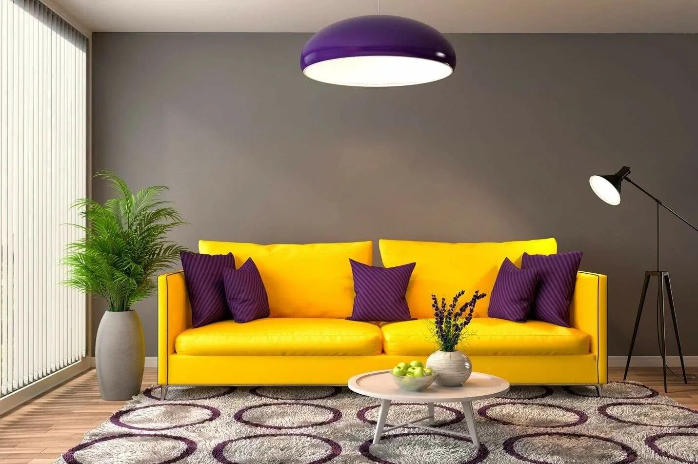 Какие цвета стильные. Яркий диван в интерьере. Желтый цвет в интерьере. Яркий диван в интерьере гостиной. Фиолетовый и желтый в интерьере.