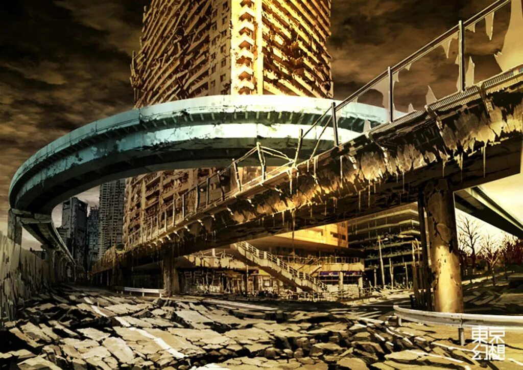 После конца истории. Апокалипсис арт Токио. Руины арт апокалипсис Токио. Заброшенный город будущего.