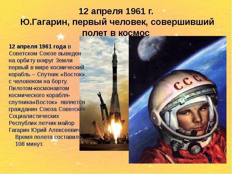 Сколько был первый полет гагарина в космос. Полет Гагарина в космос 12 апреля 1961. 1961 Полет ю.а Гагарина в космос. 12 Апреля 1961 года – первый полёт человека в космос!. Человек совершивший полёт в космос.