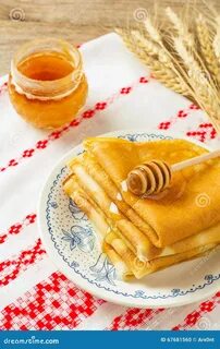 Stack of crepes with honey stock photo. Image of food - 67681560
