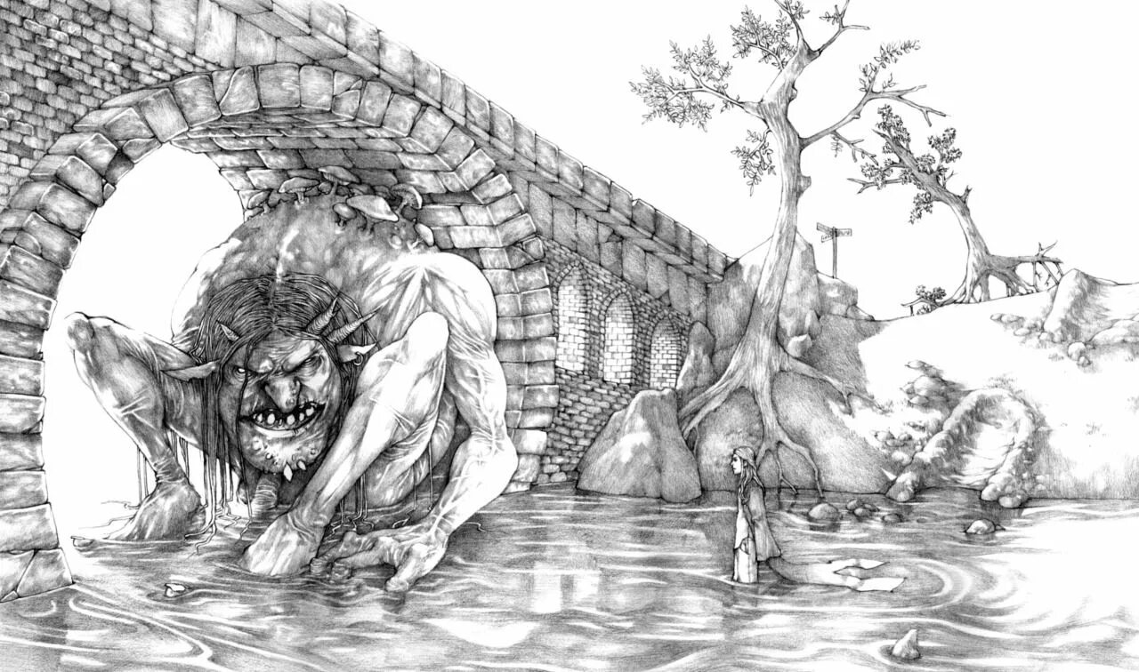 Мост в мифологии. Джон Мортенсен художник. Тролль под мостом. Тролли Мифические существа.