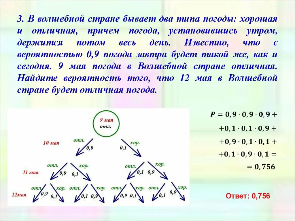 В волшебной стране бывает два типа погоды хорошая и отличная 0.7. В сказочной стране бывает два типа погоды. В волшебной стране бывает два типа погоды хорошая и отличная причём 0.8. Задача в волшебной стране бывает два типа погоды хорошая и отличная.