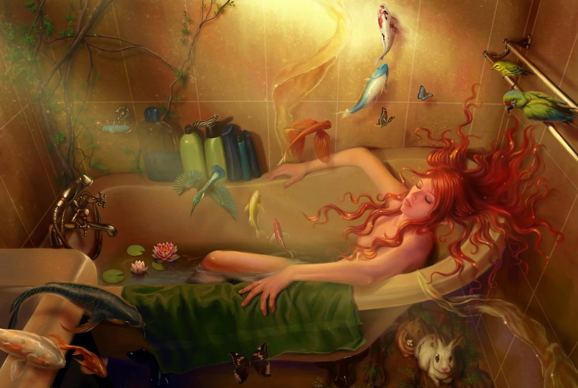 Ванна с водой во сне. Рыжая девушка в ванной. Сон арт. Красивые иллюстрации. Рыжая девушка арт.