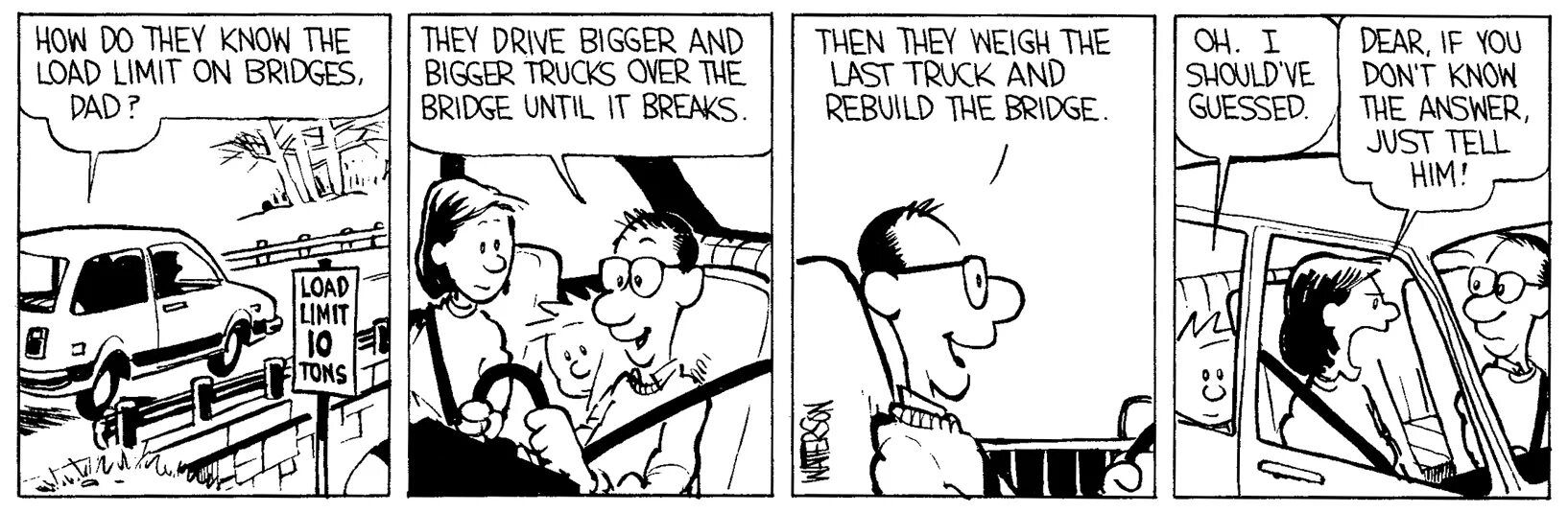 Calvin and Hobbes dad. Calvin and Hobbes Bridge Comic. How do they know load limit on Bridges. Math Comics.