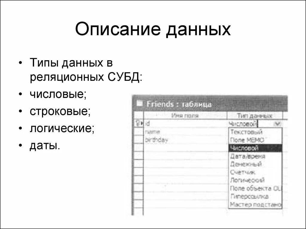 L данные описывают. Описание данных. Числовой Тип данных в базе данных. База данных описание типов данных. Типы данных в СУБД.