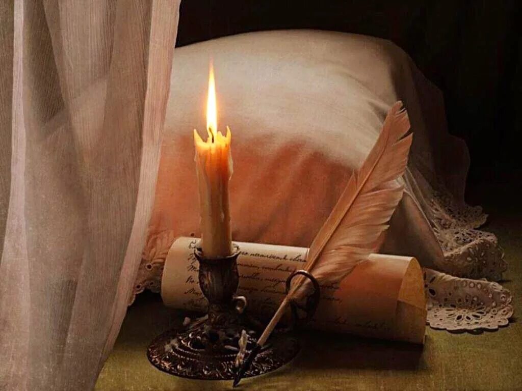 Тихо вечер догорает. Свеча на столе. Натюрморт со свечой. Свеча и перо. Стихи про свечи.