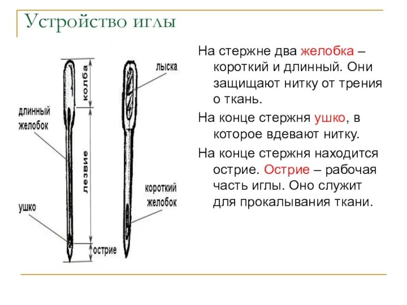 Длинный желобок иглы. Строение машинной швейной иглы. Устройство машинной иглы 6 класс технология. Схема устройства швейной иглы. Строение иголки швейной машинки.