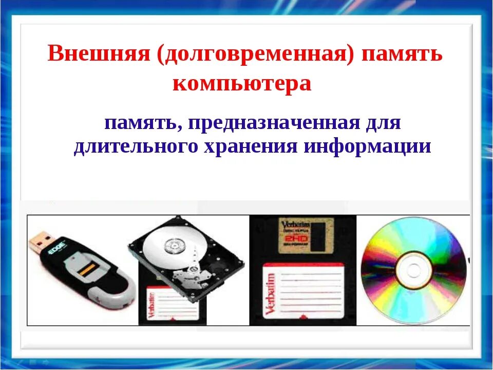 Долговременная память компьютера. Внешняя долговременная память. Устройства для долговременного хранения информации. Внешняя память компьютера. Долговременная память предназначена