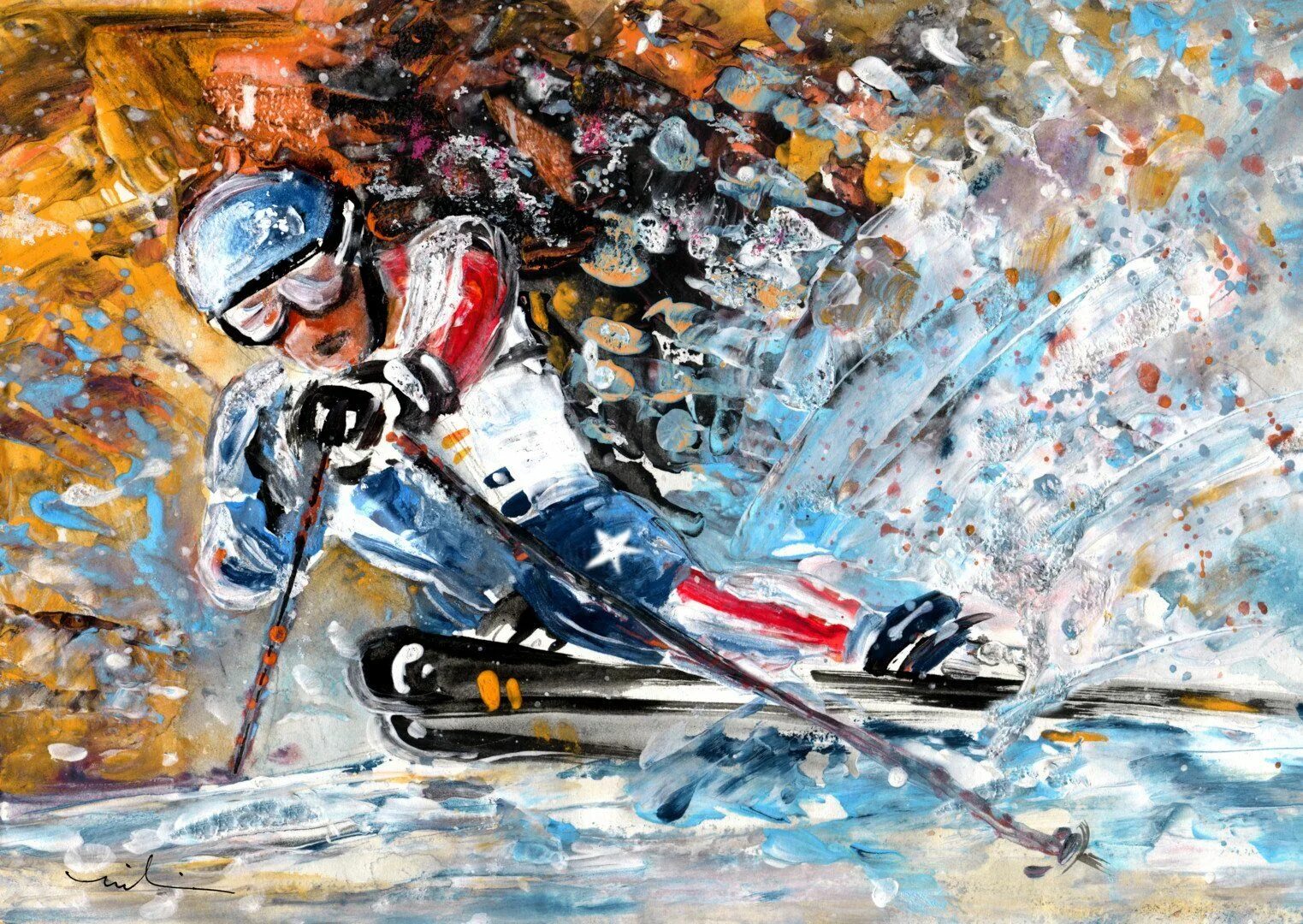 Картина лыжники. Горные лыжи живопись. Живопись горнолыжный спорт. Композиция на тему спорт. Картина горнолыжник.