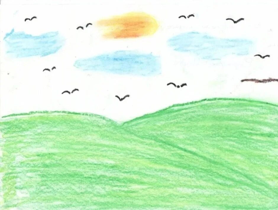 Нарисовать луг 1 класс окружающий. Рисование луг. Небо цветными карандашами. Луг карандашом. Луг рисунок для детей.