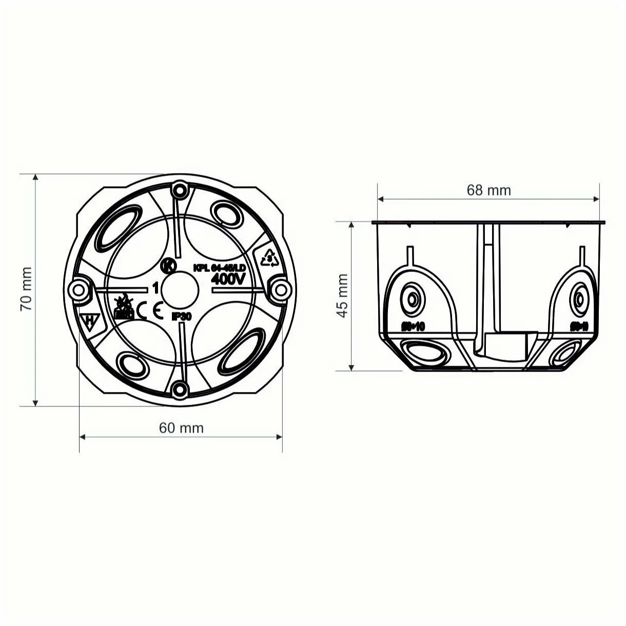 Какой диаметр розеток. Коробка установочная KOPOS для полых стен d68х45мм. Коробка приборная kpl64-50/4ld. KOPOS подрозетник 68. Подрозетники KOPOS 45 мм.