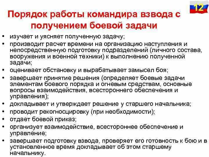 . Порядок работы командира отделения после получения боевой задачи. Порядок работы командира взвода с получением боевой задачи. Алгоритм работы командира взвода при получении боевой задачи. Порядок работы командира взвода после получения боевой задачи. После взвода