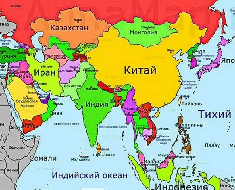 Страны азии на карте на русском языке