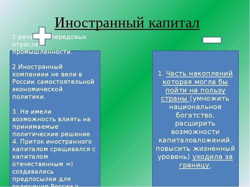 Минусы экономического развития. Иностранный капитал в России в начале 20 века. Иностранный капитал 20 века. Иностранный капитал в экономике России в начале 20 века. Плюсы иностранного капитала.