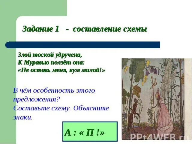 Злой тоской удручена к муравью ползет. Придумать предложение со словом муравьи. Злой тоской удручена к муравью ползет она не оставь меня Кум милый. Составить предложение со словом муравьи.