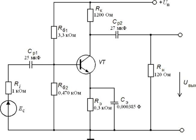 Схема с номиналами. Схема однокаскадного усилителя на биполярном транзисторе. Схема усилителя на биполярном транзисторе. Усилительный Каскад на униполярном транзисторе схема. Однокаскадный транзисторный усилитель схема.