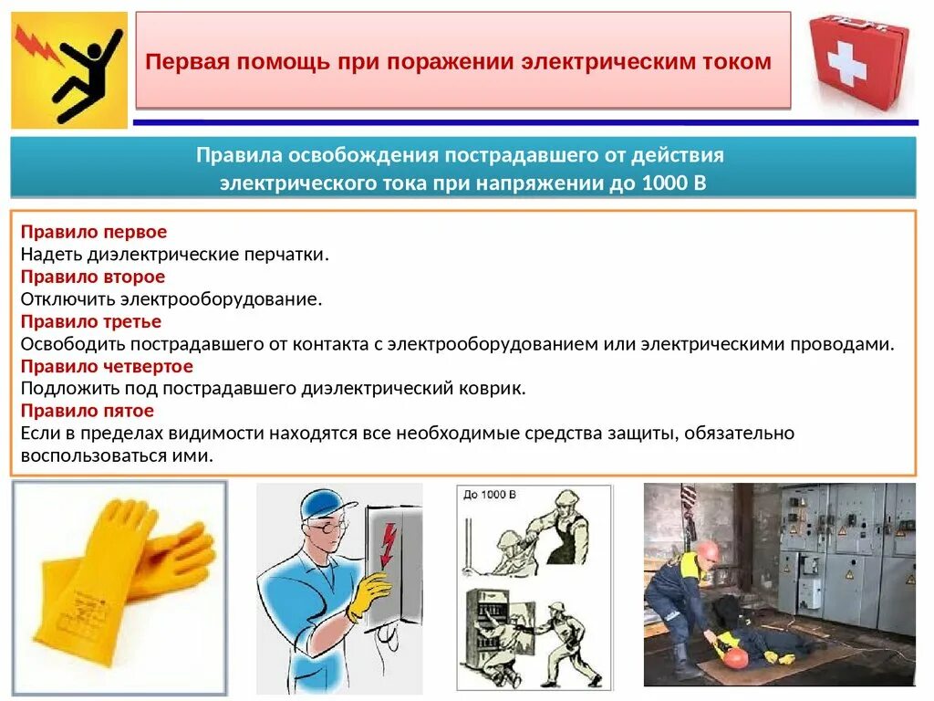 Первая помощь при поражении электрическим током напряжением до 1000в. Освобождение пострадавшего при поражении электрическим током. 1. Порядок оказания первой помощи при поражении электрическим током.. 3. Порядок оказания первой помощи при поражении электрическим током.