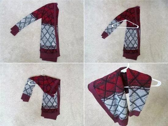 Повесить на плечики трикотажный джемпер. Свитер на вешалке. Как вешать кофты. Повесить джемпер на плечики. Сложить свитер с капюшоном.