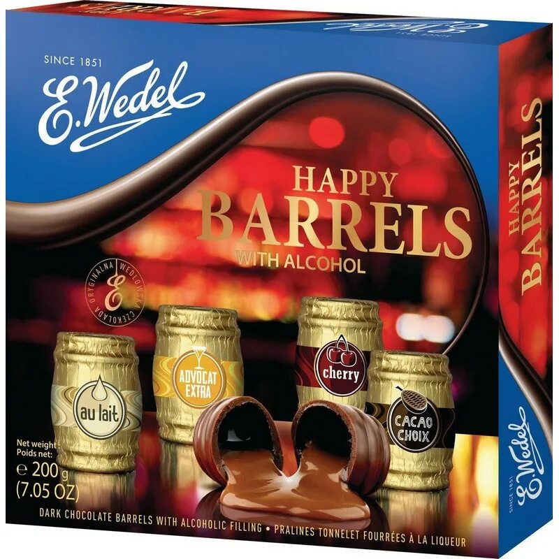 Конфеты e Wedel Happy Barrels. Набор шоколадных конфет e.Wedel "Happy Barrels with alcohol". Конфеты Barrels в форме бочонков. Конфеты с ликером Happy Barrels. Конфеты с алкоголем виды