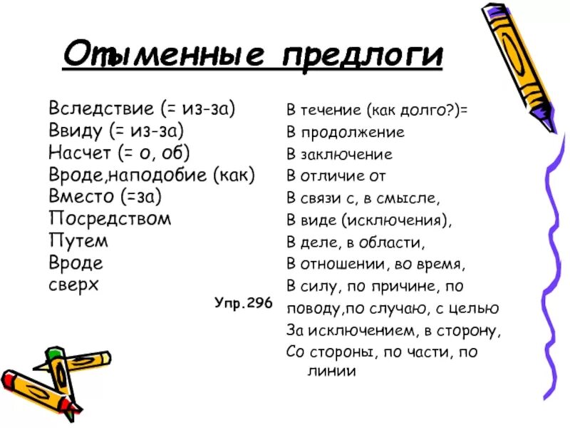 Вследствие в продолжение в заключение. Отыменные предлоги. Отыменные предлоги список. Сложные отыменные предлоги. Отыменные производные предлоги.