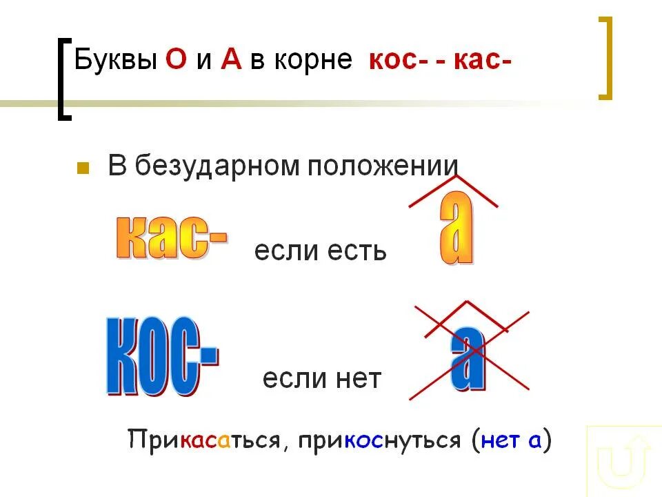 Корневые буквы. Корни кос и КАС правило написания. Буквы а и о в корне КАС кос.