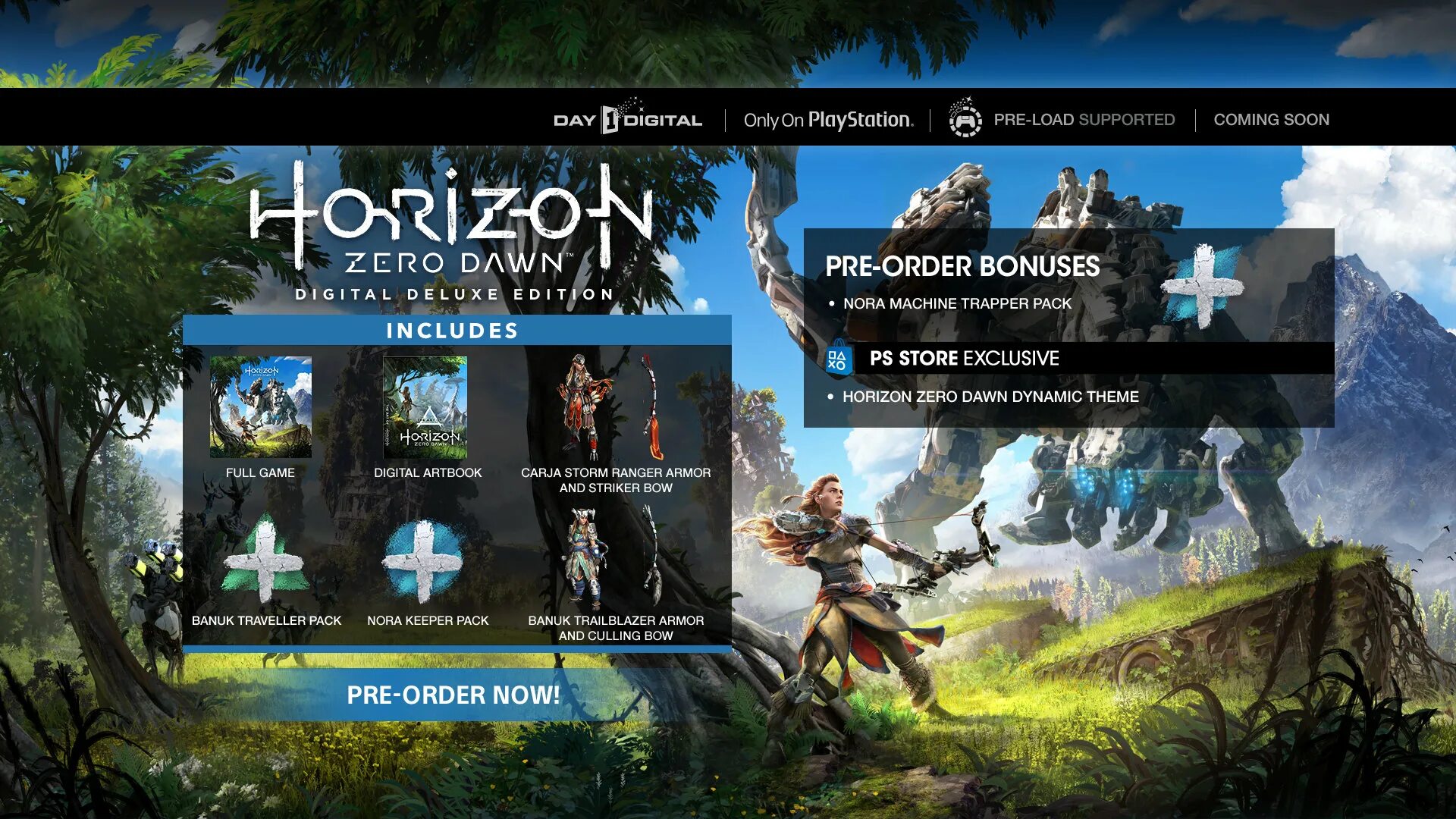 Bonus order. Horizon Zero Dawn: Nora Keeper Pack. Horizon Zero Dawn Deluxe Edition. Horizon Zero Dawn: Digital artbook. Digital Horizon.