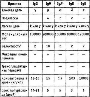 Классы иммуноглобулинов таблица