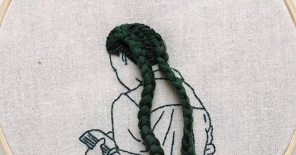 Вышивка девушка с волосами из ниток. Вышивка с объемными волосами. Вышивка девочка с косичками. Гладь волос. Embroidery.