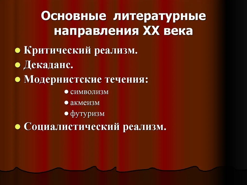 Какие направления в литературе были распространены. Направления в литературе 20 века. Основные направления литературы 20 века. Основные течения литературы 20 века. Направления литературы первой половины 20 века.