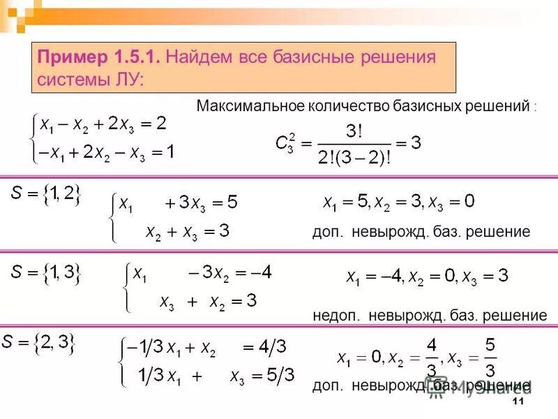 Как найти базисное решение системы. Нахождение базисных решений системы линейных уравнений. Количество базисных решений.