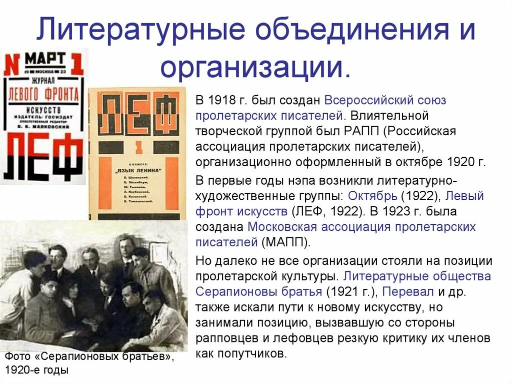 Серапионовы братья 1921. Серапионовы братья литературное объединение таблица. Литературные объединения 1920х. Союз пролетарских писателей.