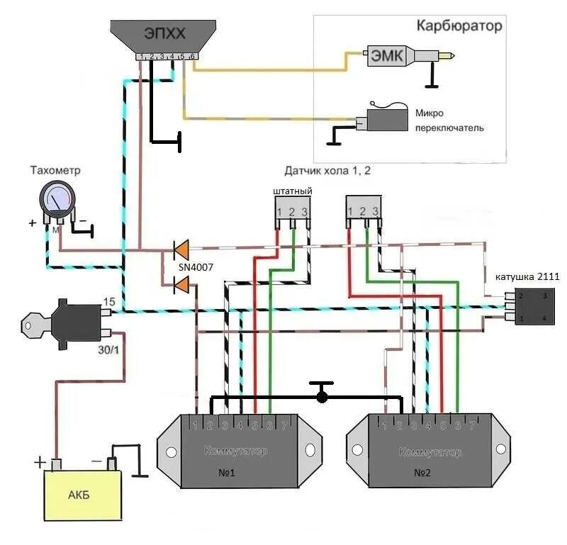 Двухканальный коммутатор зажигания ваз 2107. Два датчика холла. Два датчика холла. Двухконтурная система зажигания 2109. Схема подключения подводного зажигания.