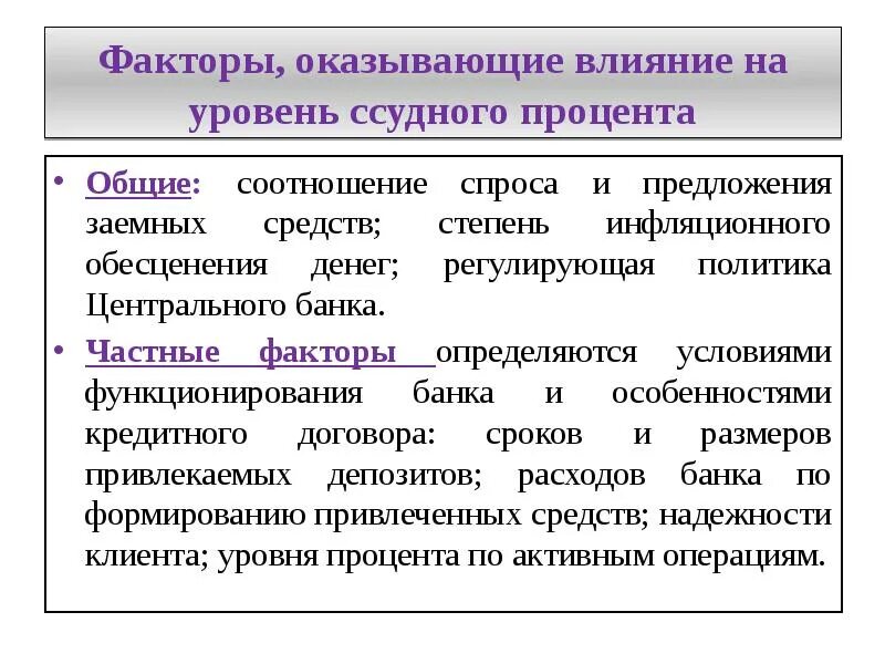 Факторы оказывающие влияние. Факторы предложения воздействующие на уровень ссудного процента. Факторы влияющие на уровень ссудного процента. Частные факторы.