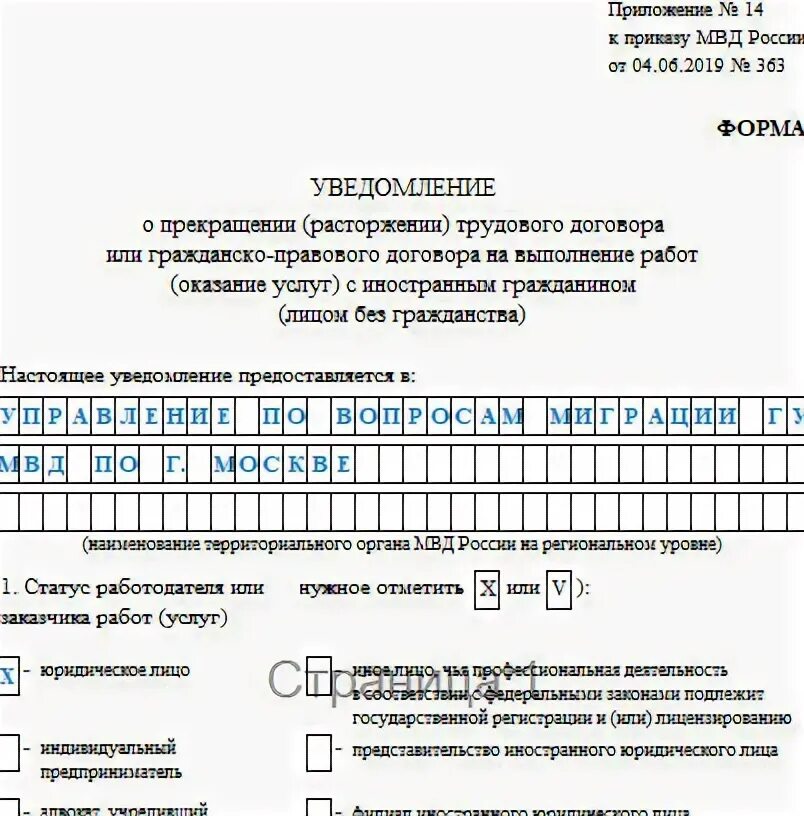 Образец уведомления об увольнении иностранца. Уведомление об увольнении иностранного гражданина 2022 образец. Уведомление о расторжении трудового договора с иностранцем 2023. Образец формы уведомление о прекращении трудового договора.