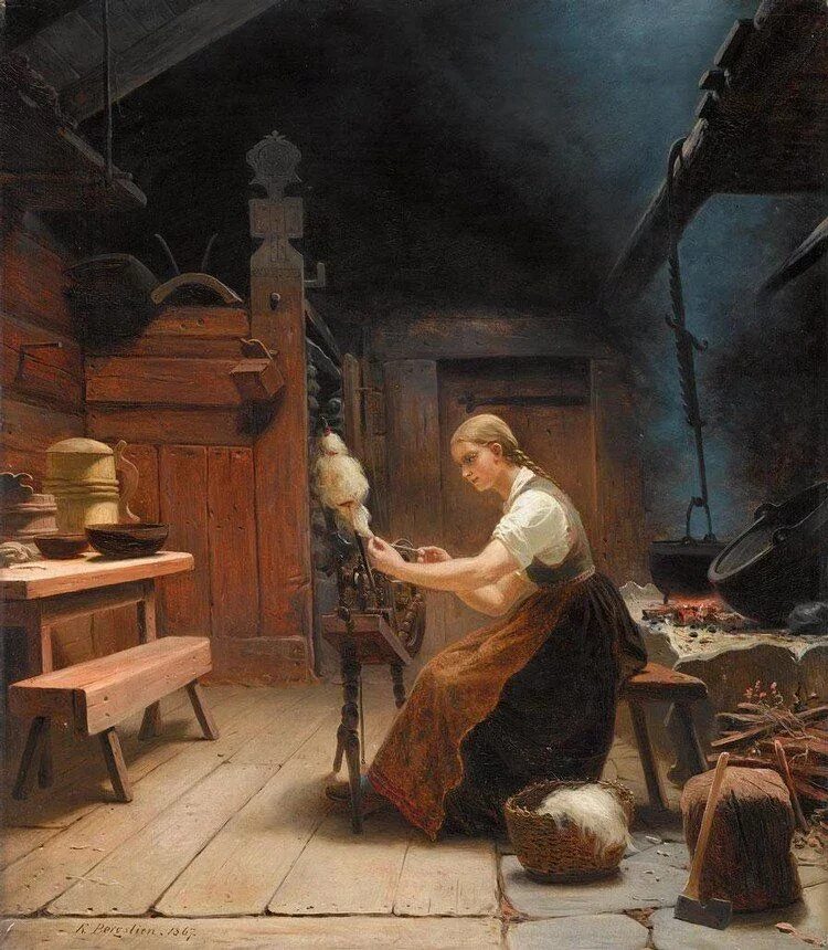 Человек прядет. Кнуд Бергслин. Кнуд Бергслин (1827-1908 Норвегия). Кнуд Бергслин картины.
