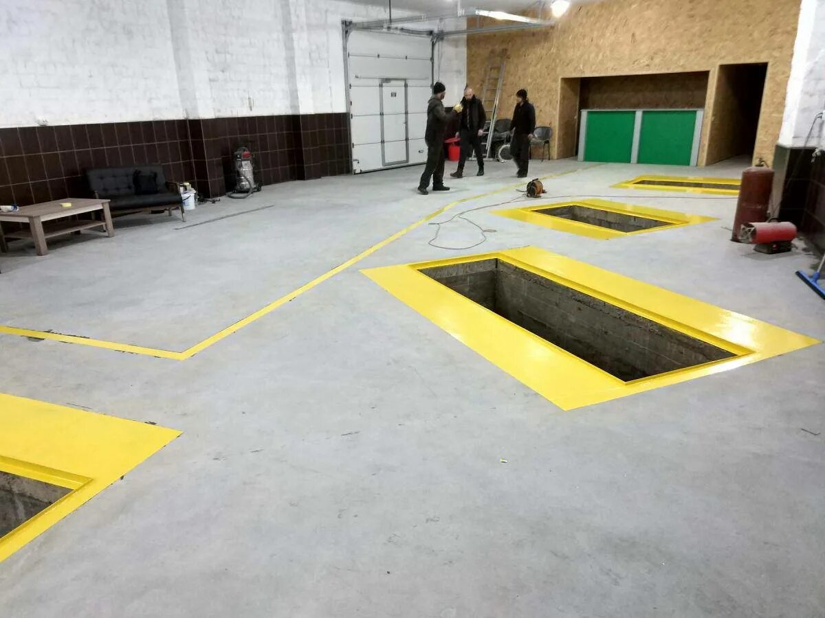 Бетонное покрытие для автостоянок. Паркинг. Полимерный пол для гаража. Напольная разметка на складе. Заливные полы в автосервисе.