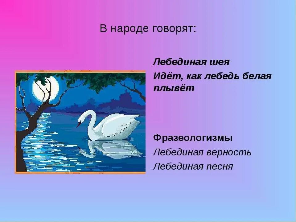 Поступью значение. Четыре предложения о лебедях. Фразеологизмы с лебедем. Поговорки про лебедей. Лебединая верность фразеологизм.