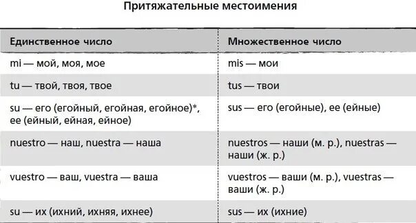 Разговор подруг заменить на притяжательные. Притяжательные местоимения в испанском языке таблица. Местоимения в испанском языке таблица. Формы притяжательных местоимений в испанском языке. Испанские местоимения таблица.